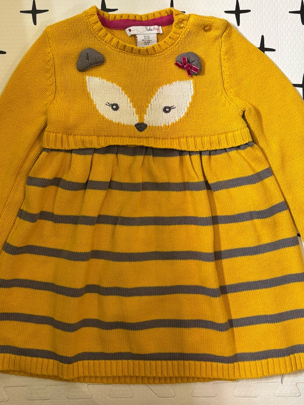Girls' Mustard Fox Knit Dress with Striped Skirt